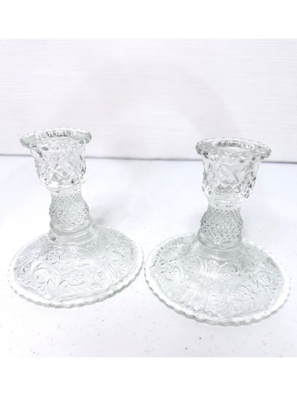 Duncan & Miller 4 Inch Sandwich Glass Candle Stick Holder- Set of 2